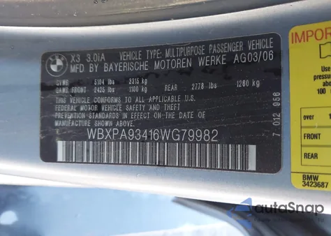 2006 BMW X3 3.0I из США, поврежденный, VIN WBXPA93416WG79982